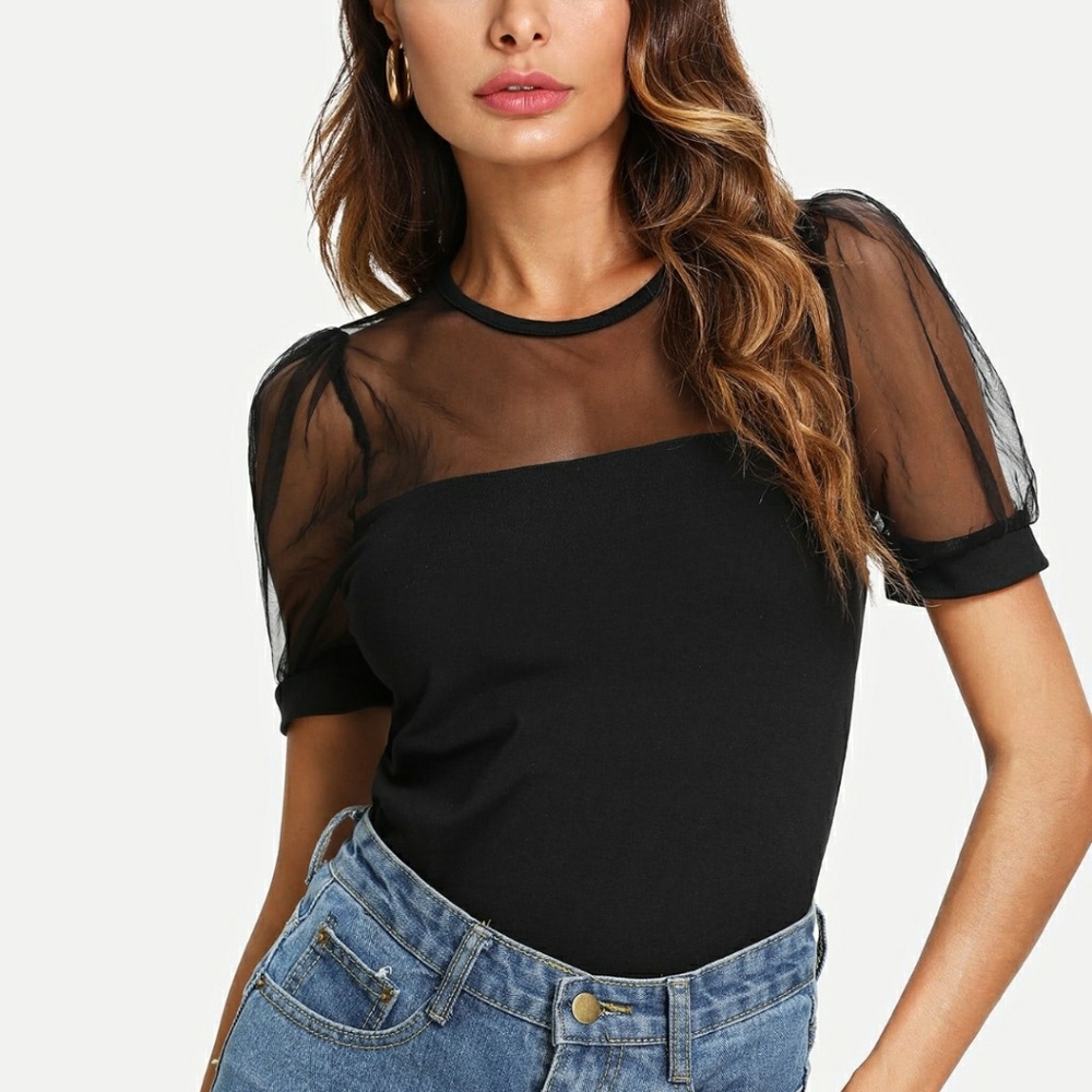 Black Sheer Mesh Puffy Shoulder Sleeves Fitted Tee